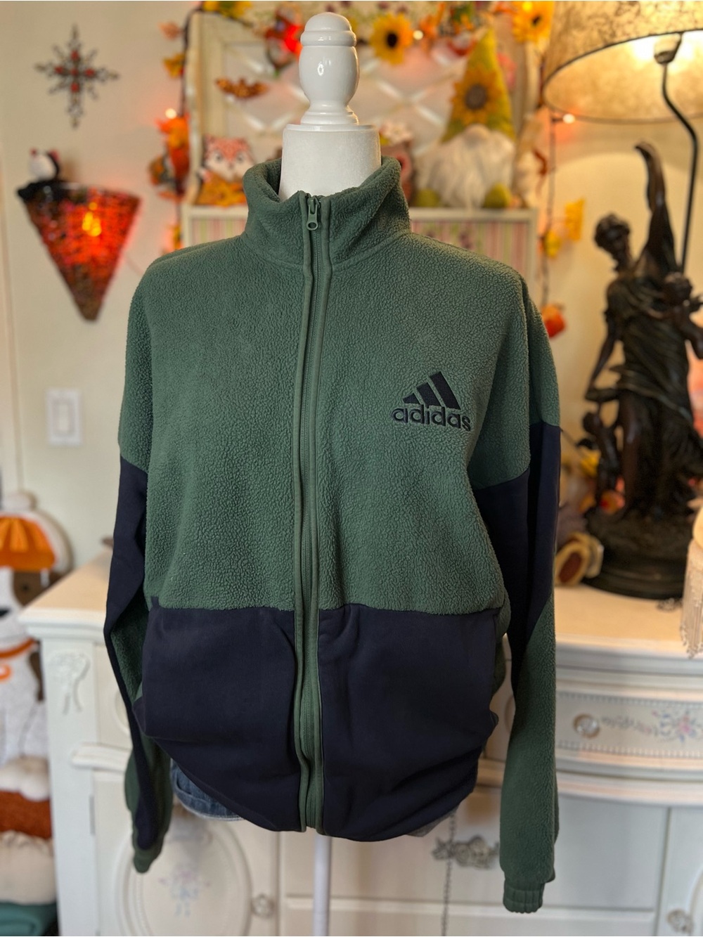 adidas Olive Green and Navy Full-Zip Fleece Jacket